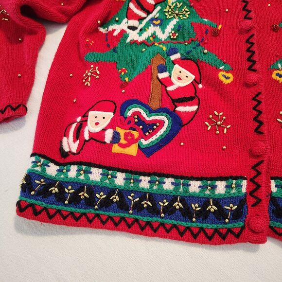 Vtg Parisian Works Christmas Cardigan Santa Christmas Tree Beaded Embellished M - Picture 9 of 12